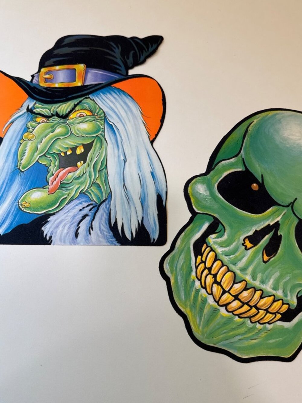 Vintage 1980s Flocked Cardboard Witch & Skull Halloween Decorations 13” Die-Cut